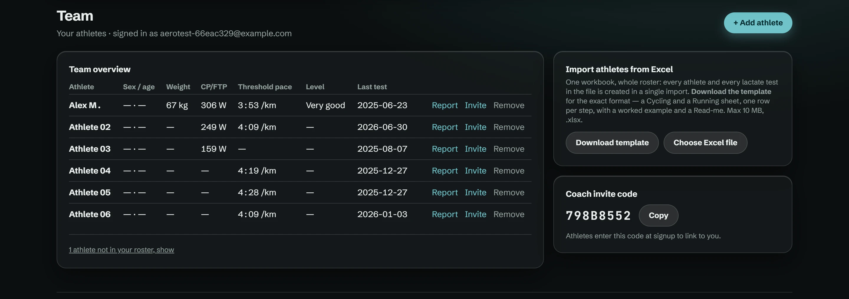 Team overview: six athletes with CP or FTP, threshold pace, level and last test, one-click athlete report, whole-roster Excel import and the coach invite code