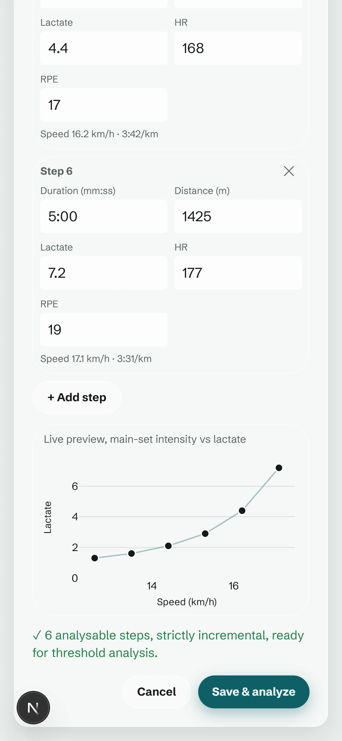The main-set curve drawing itself live as steps come in, with the validity check ready for threshold analysis