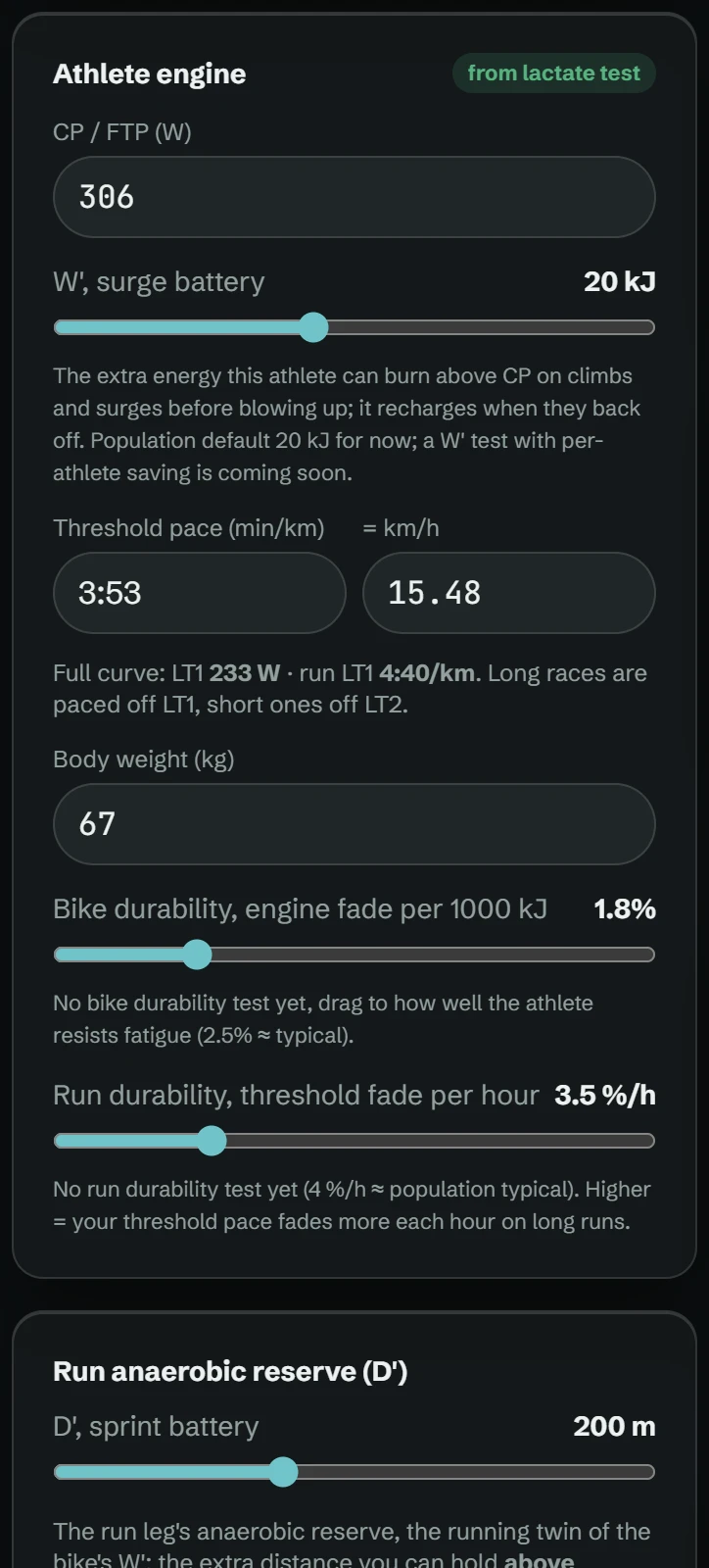 The measured engine behind the prediction: CP 306 W, LT1 233 W, weight 67 kg, bike durability 1.8 percent, CdA 0.226