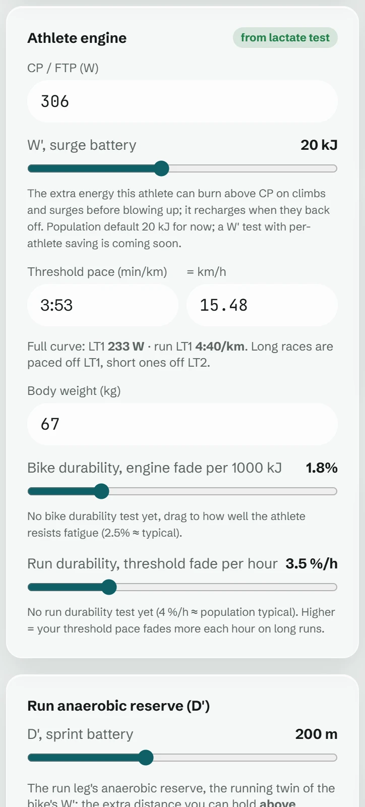 The measured engine behind the prediction: CP 306 W, LT1 233 W, weight 67 kg, bike durability 1.8 percent, CdA 0.226